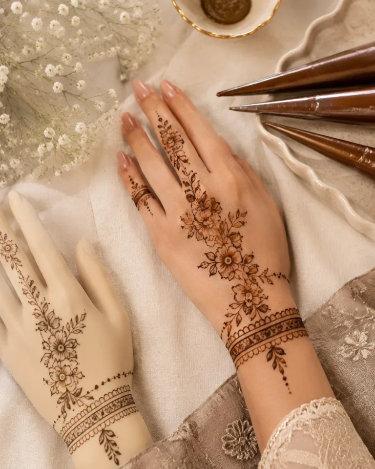 Back hand mehndi design references with floral trails