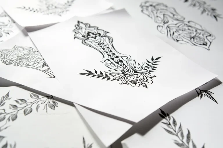 Flash sheet of black-ink back tattoo designs for women on studio paper: an ornamental spine piece with floral base, plus fine-line botanical and shoulder-blade floral studies