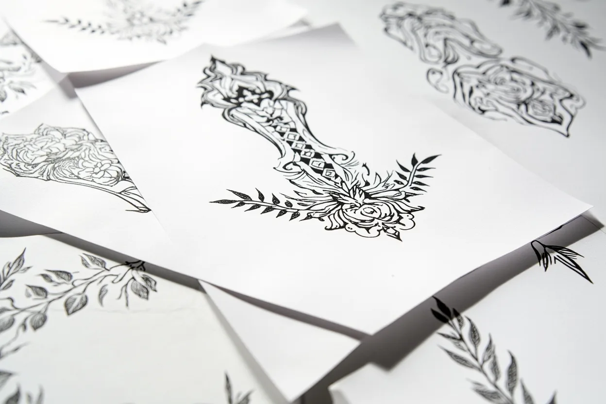 Flash sheet of black-ink back tattoo designs for women on studio paper: an ornamental spine piece with floral base, plus fine-line botanical and shoulder-blade floral studies