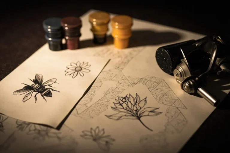Bee tattoo flash with flowers and honeycomb