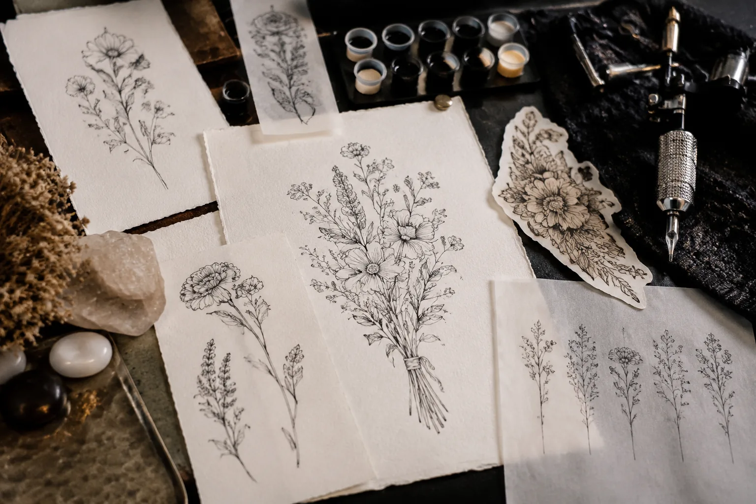 Birth flower tattoo bouquet stencil sheet