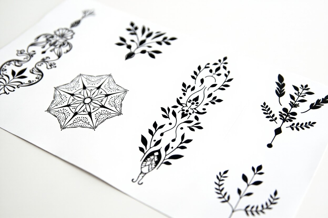 Black ink flash sheet of breast and sternum tattoo designs for women, with an ornamental mandala, fine-line floral panels and symmetrical botanical sprigs on white studio paper