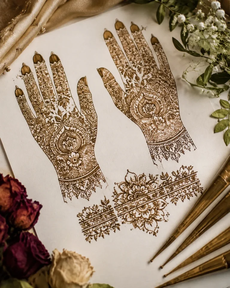 Bridal mehndi design board with dense motifs