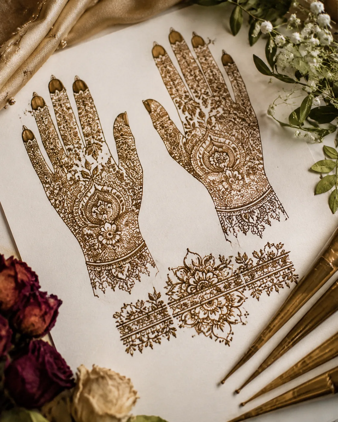 Bridal mehndi design board with dense motifs