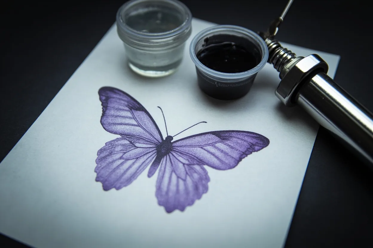 Butterfly tattoo stencil and ink tools