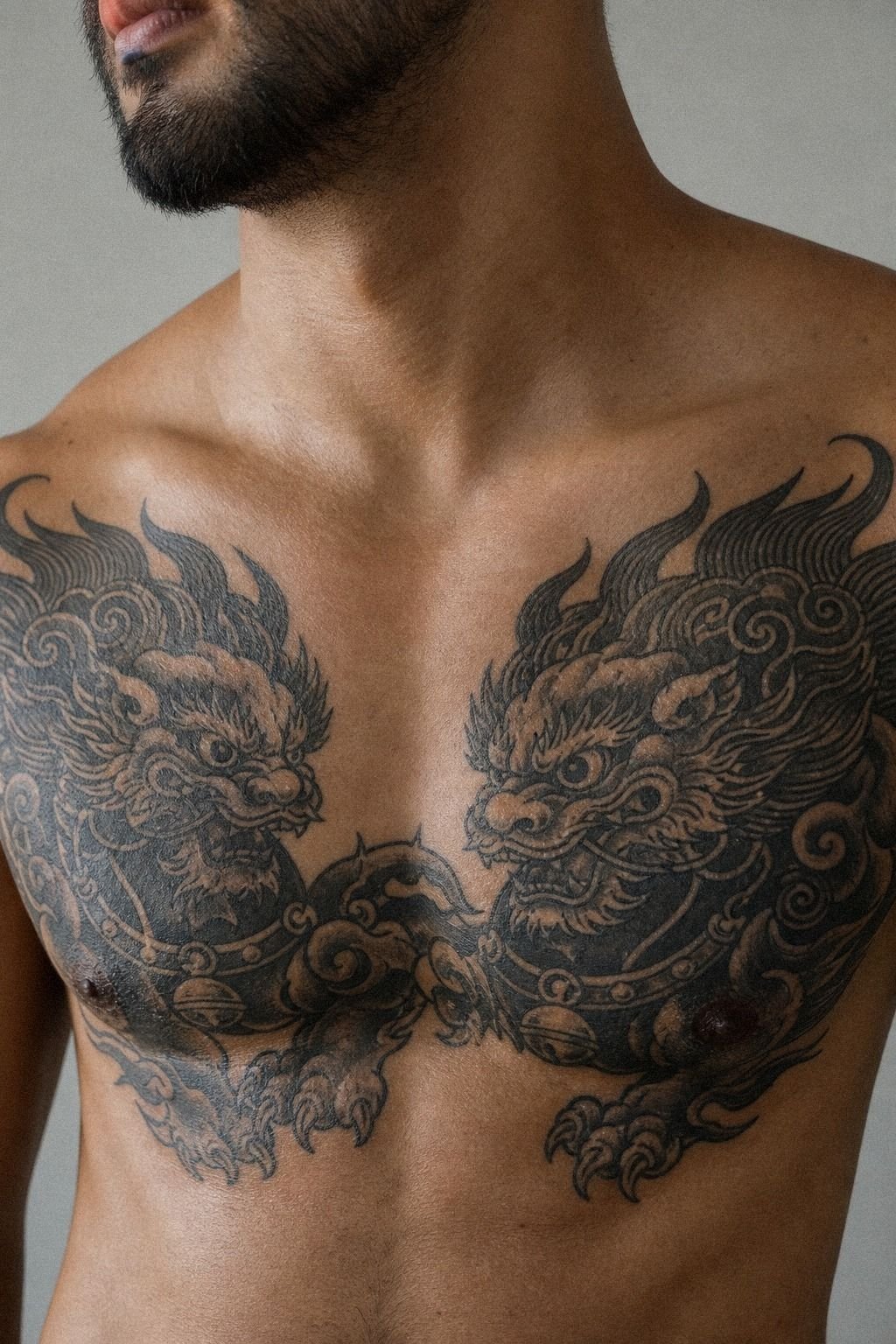 Blackwork Foo Dog Chest Tattoo