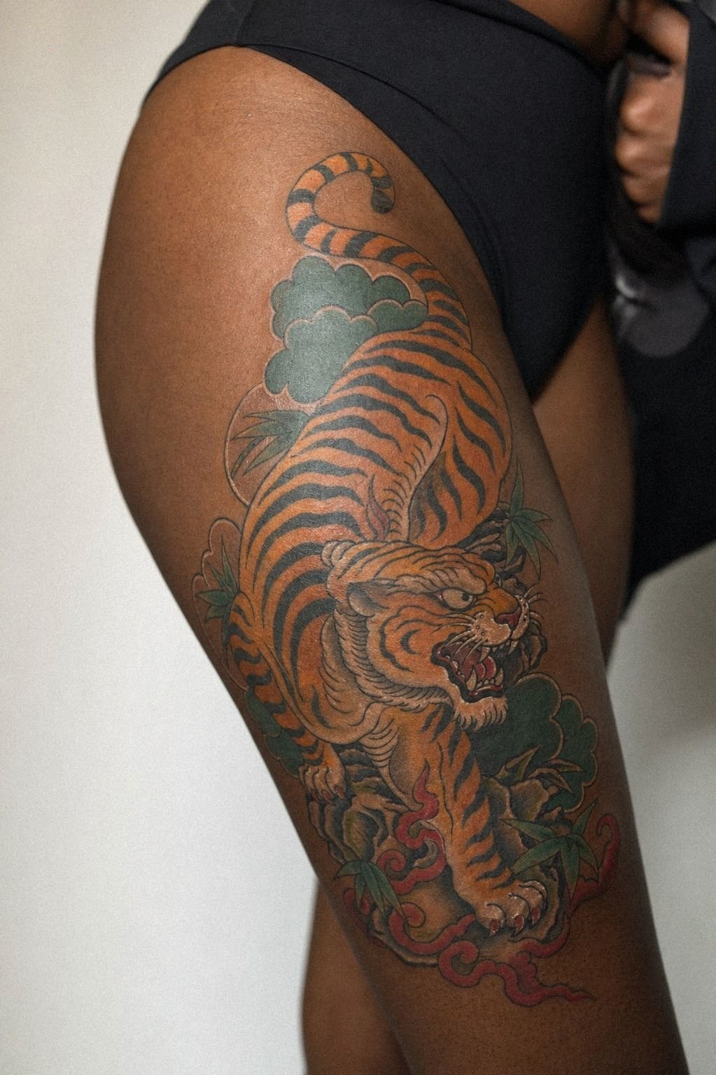 Traditional Chinese Tiger Thigh Tattoo