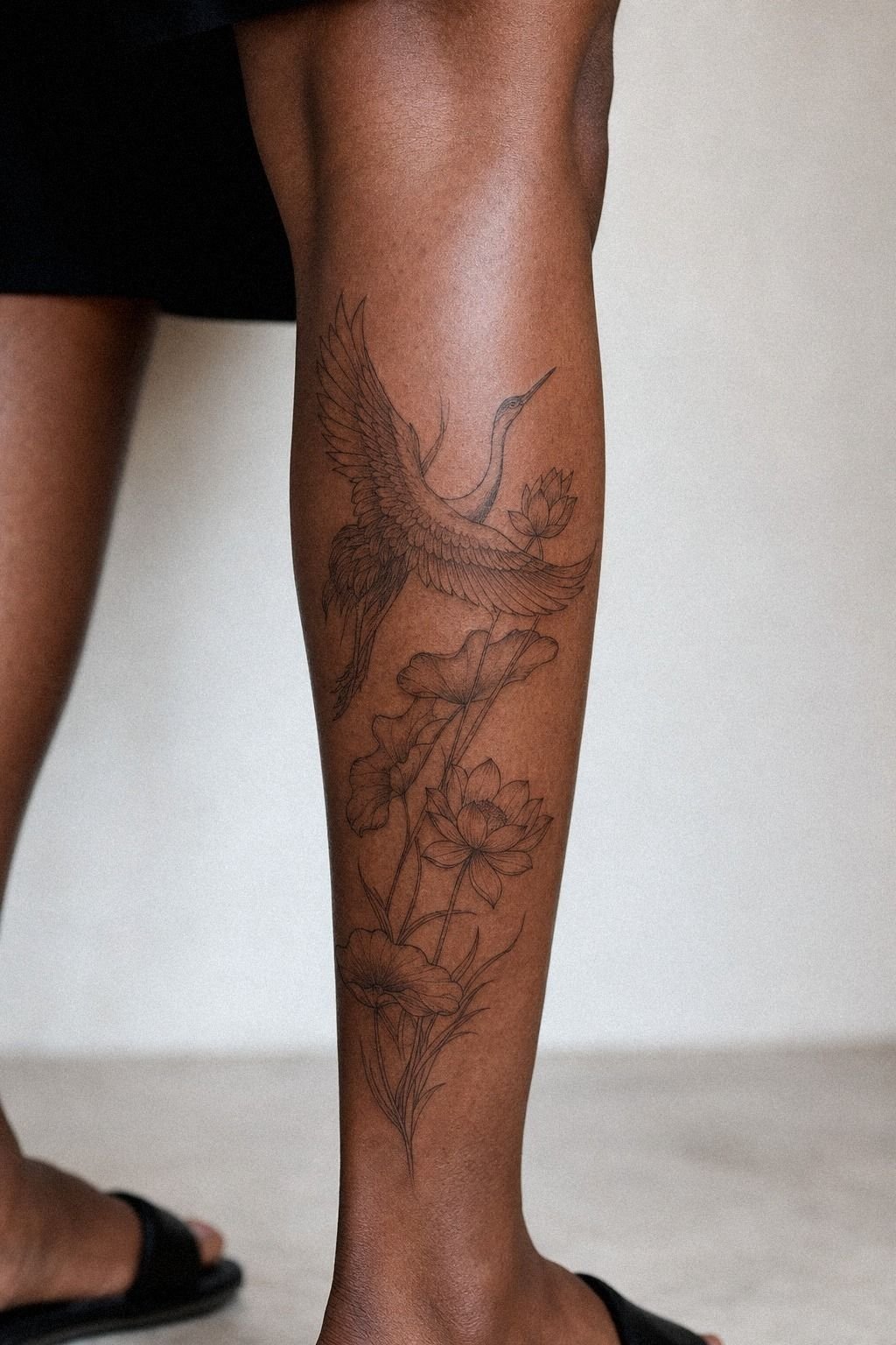Chinese Lotus And Crane Calf Tattoo