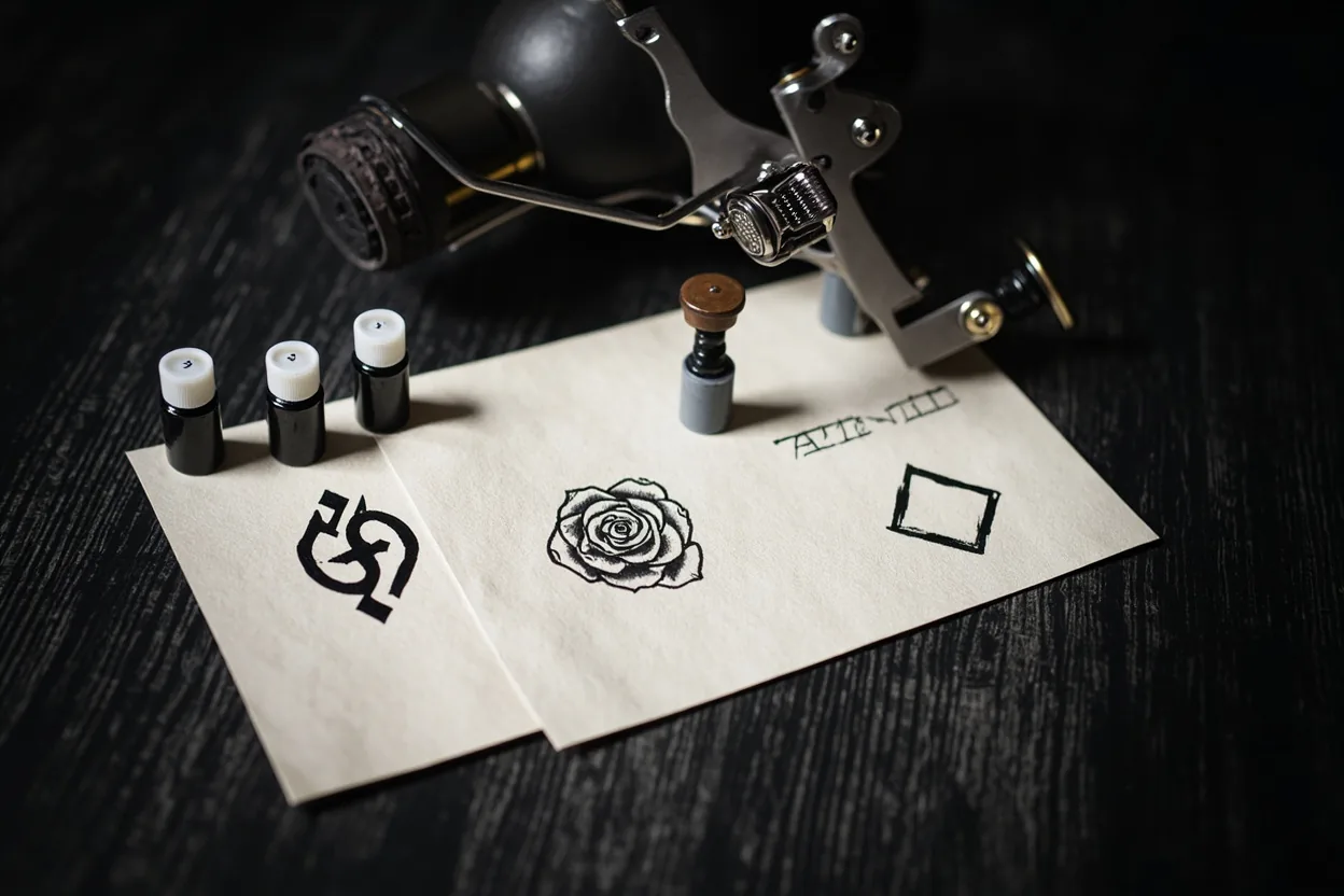 Cool tattoo concept sketches on studio table