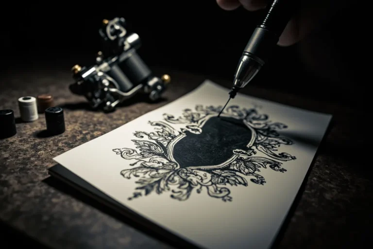 Dense ornamental floral cover-up tattoo stencil with a solid black patch placed to hide old ink, drawn in black ink beside a tattoo machine and ink caps