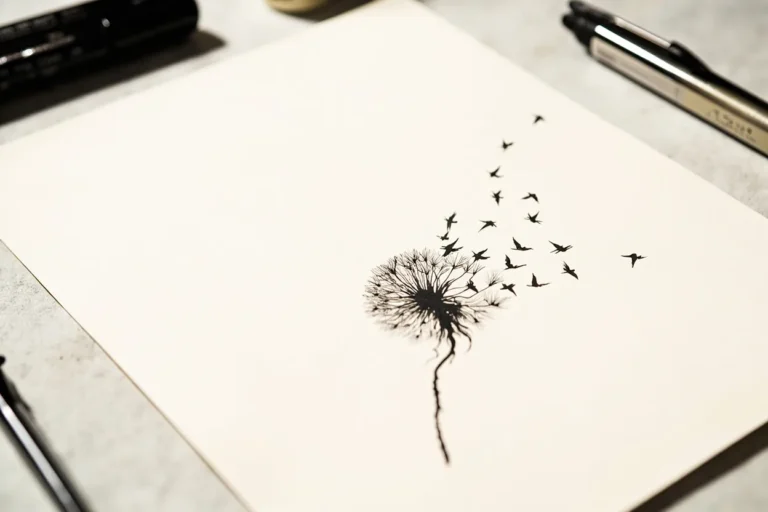 Dandelion tattoo flash sheet, seeds blowing into birds, fine line blackwork studies