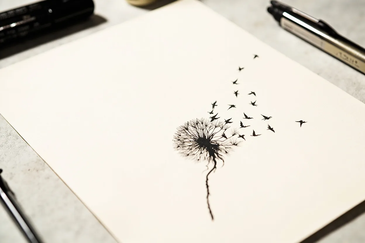 Dandelion tattoo flash sheet, seeds blowing into birds, fine line blackwork studies