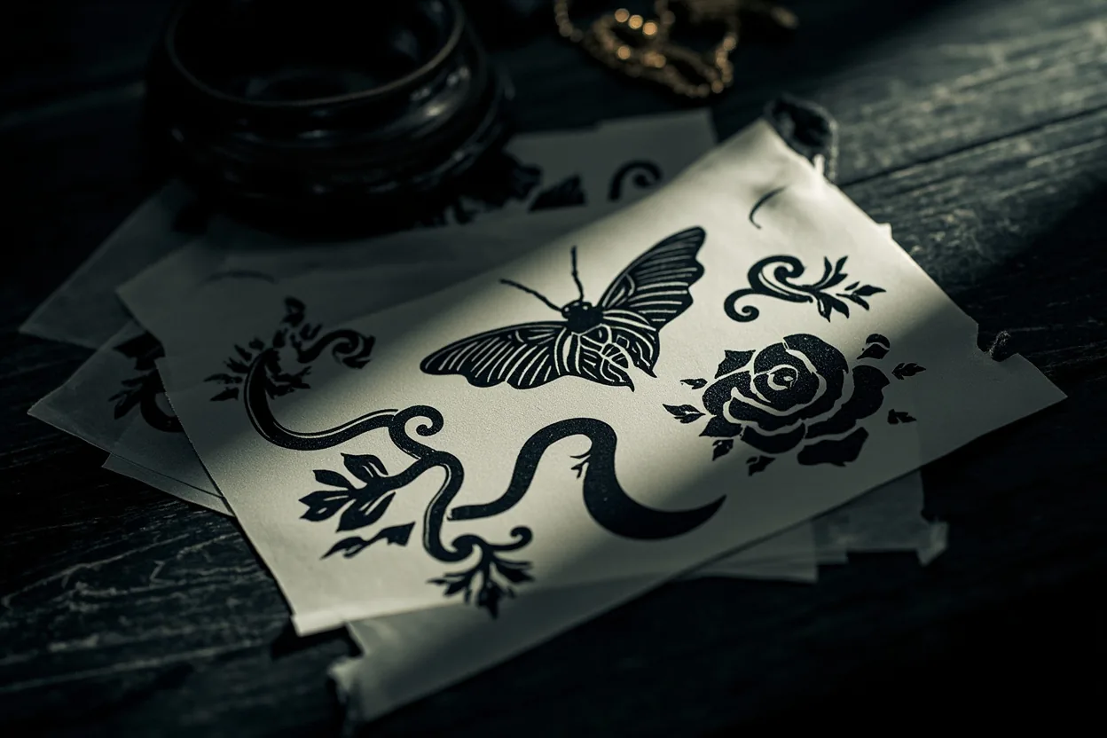 Dark feminine tattoo stencil moodboard