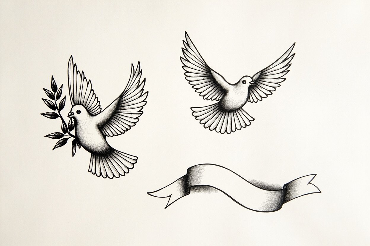 Dove tattoo flash sheet with a peace dove holding an olive branch, a dove in flight, and a blank memorial banner in black ink