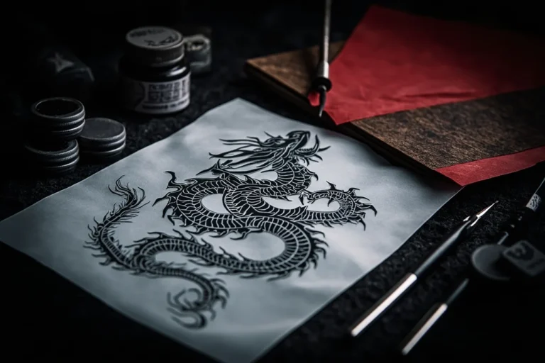 Dragon tattoo stencil and traditional references