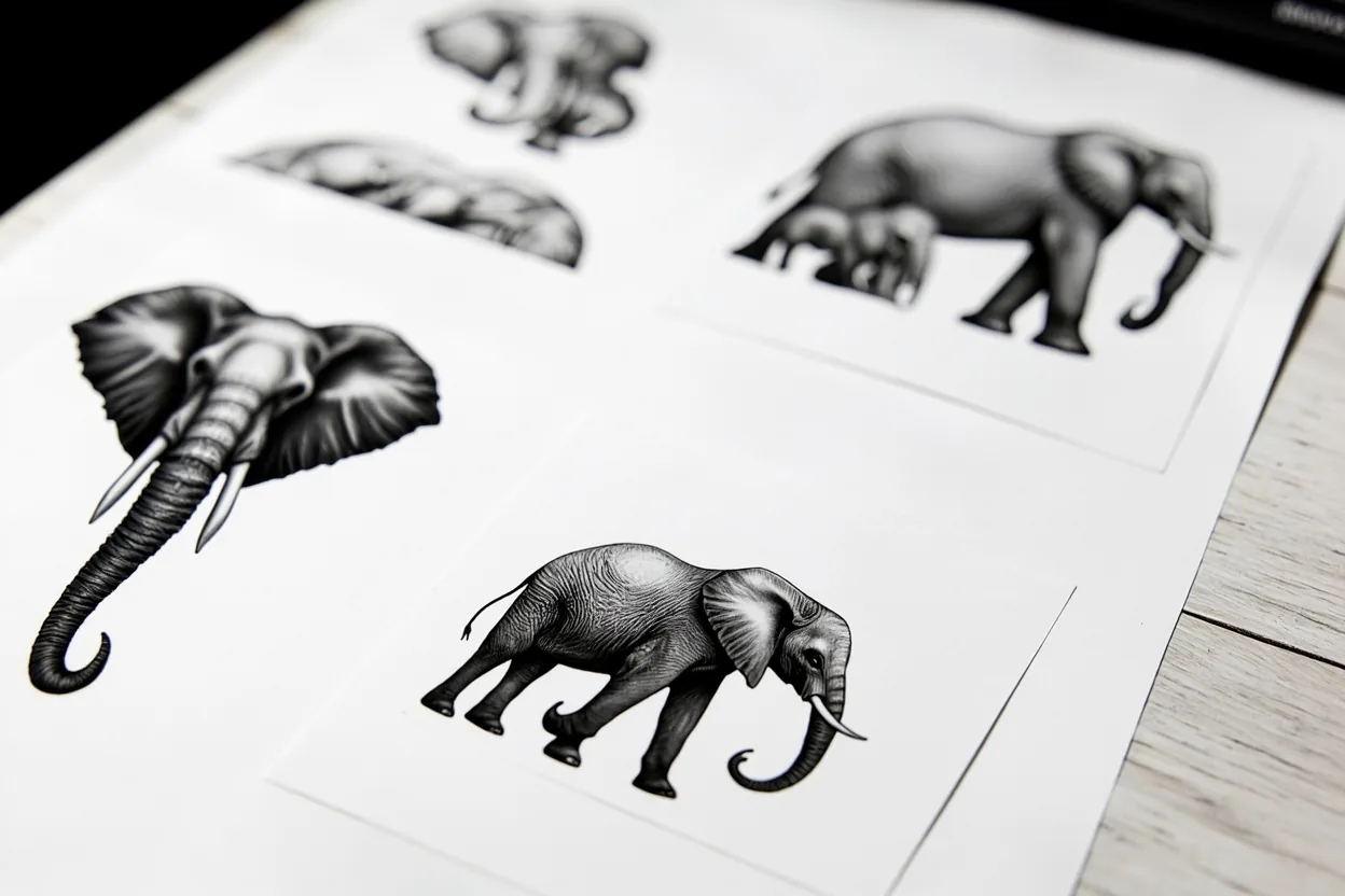 Elephant tattoo meaning family memory strength flash sheet