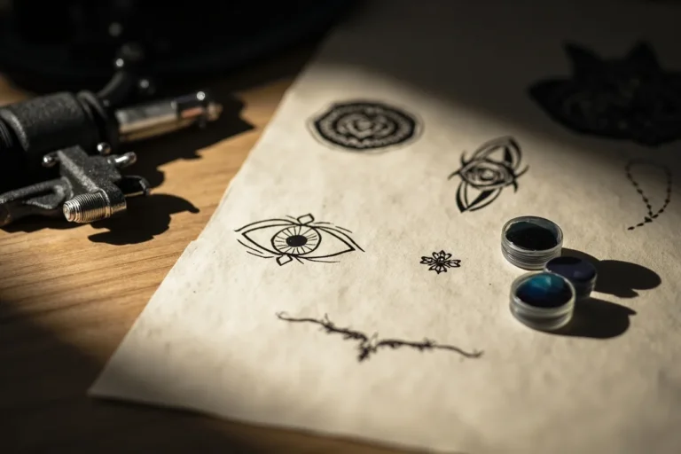 Evil eye tattoo design sheet with protective symbols