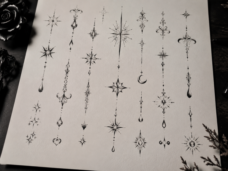 Tattoo flash sheet of face tattoo design ideas with fine line ornamental symbols, stars, crescent and teardrop placements in black ink on studio paper