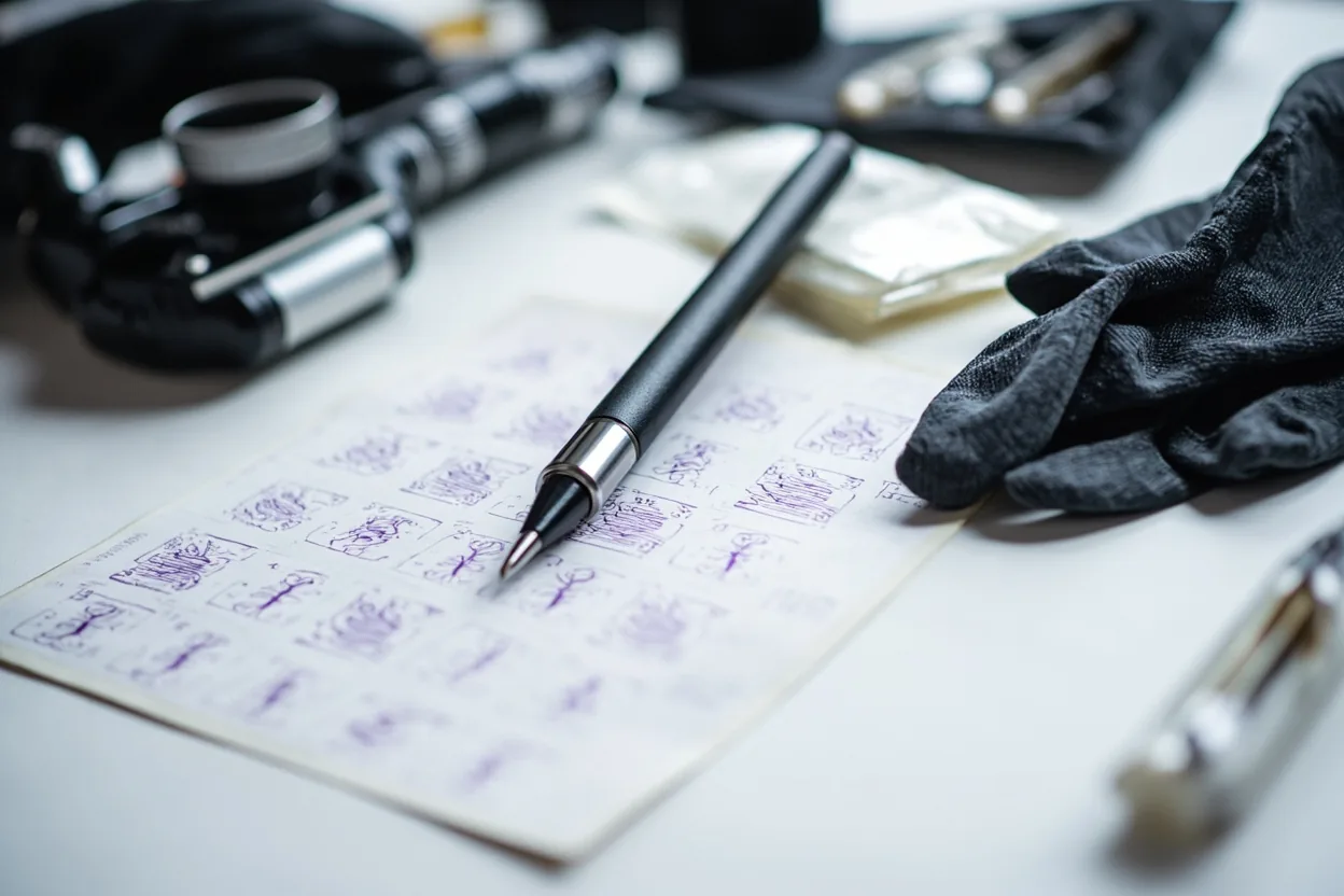 Fine line tattoo stencil and needle setup