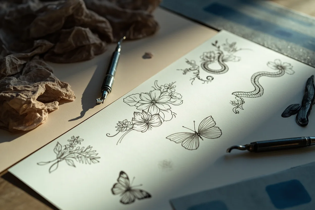 Forearm tattoo placement board with feminine motifs