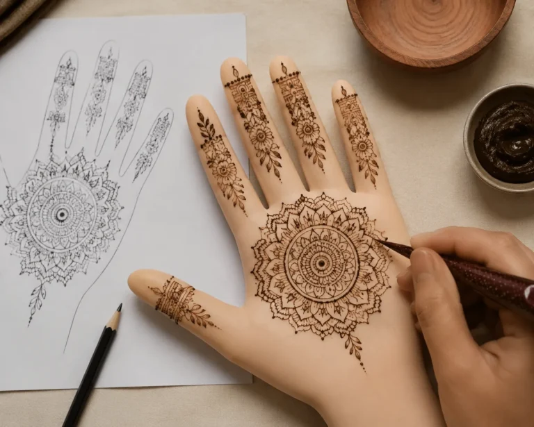 Front hand mehndi pattern planning on practice hand