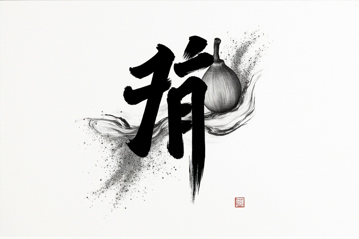 Stylized Japanese brush calligraphy kanji with sand spray and gourd motif on white studio paper, inspired by the love kanji symbolism