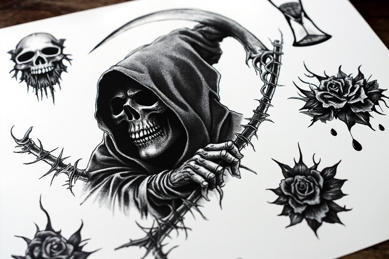 Grim reaper tattoo flash sheet with hooded reaper, scythe, hourglass, skull and roses in black and grey blackwork