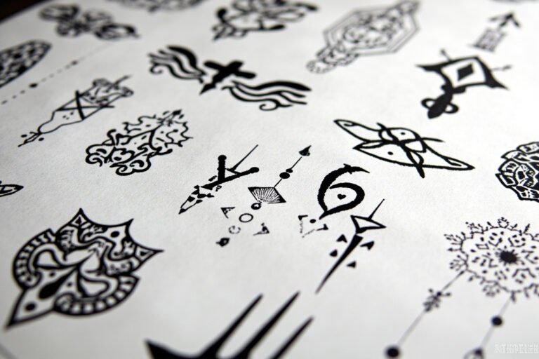 Black ink hand tattoo flash sheet with knuckle lettering, finger symbols and ornamental designs on studio paper