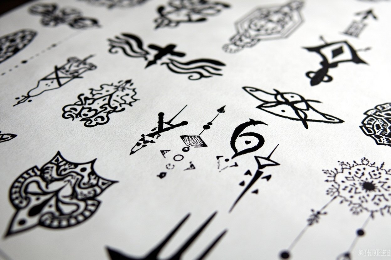 Black ink hand tattoo flash sheet with knuckle lettering, finger symbols and ornamental designs on studio paper