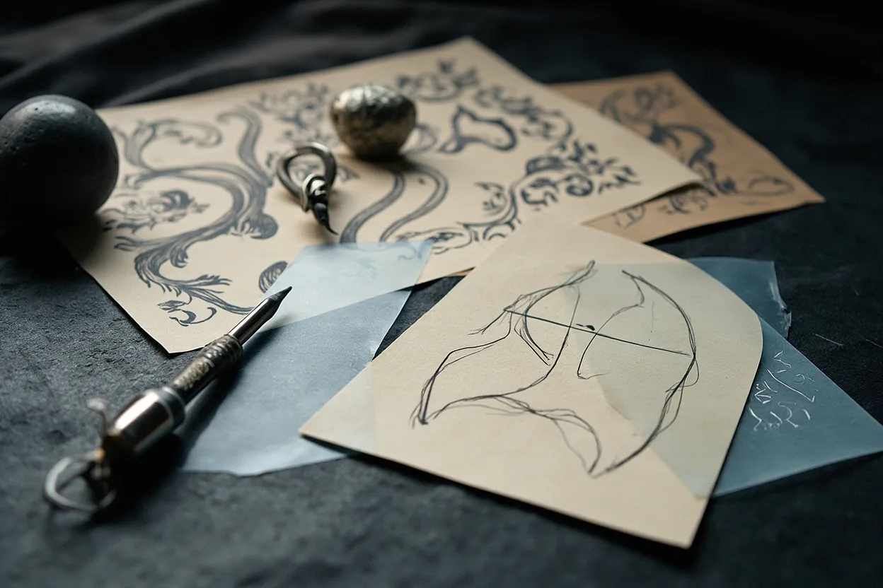 Hip tattoo placement sketches with florals and script