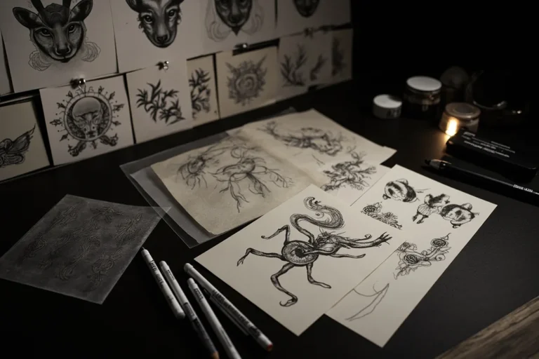 Illustrative tattoo sketch board with animals and flowers