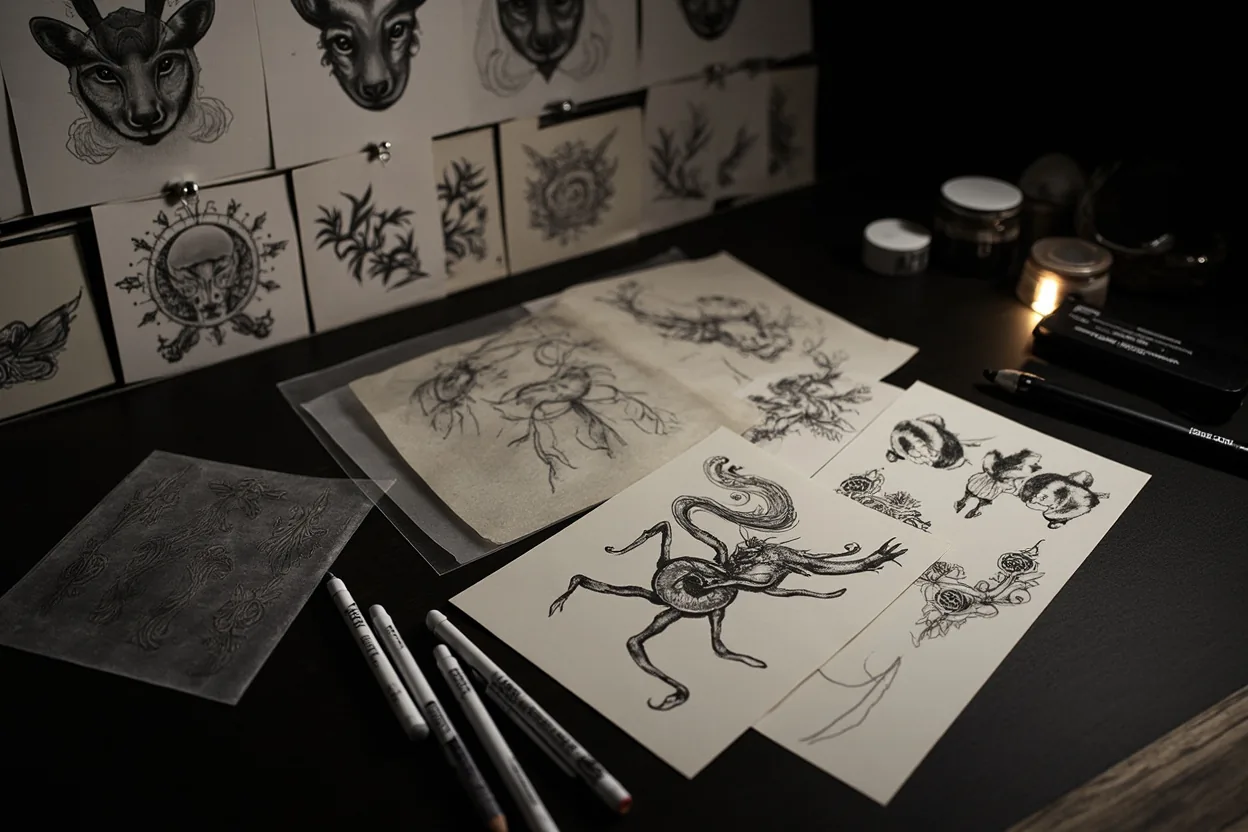 Illustrative tattoo sketch board with animals and flowers