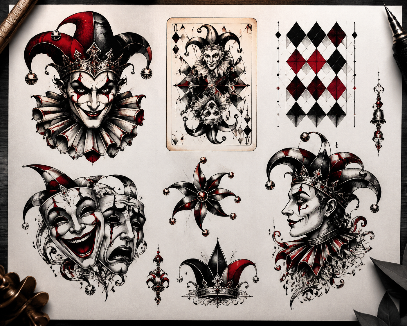 Joker tattoo flash sheet jester card harlequin diamonds comedy tragedy masks
