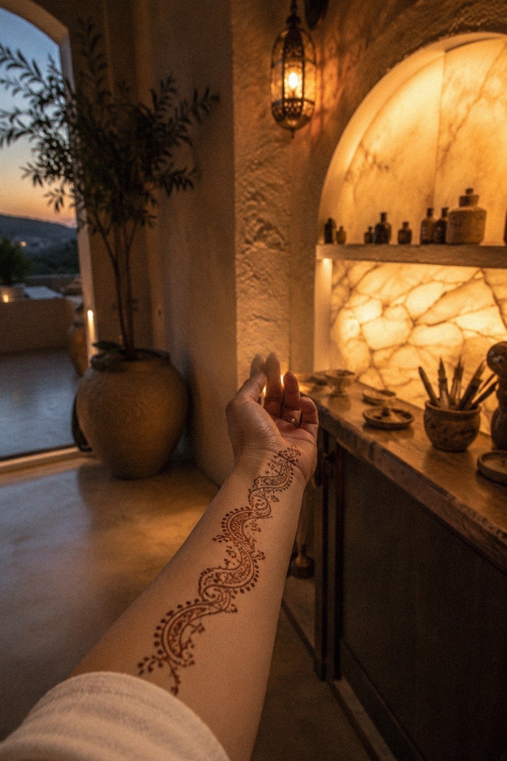Trace a slim paisley border down the forearm