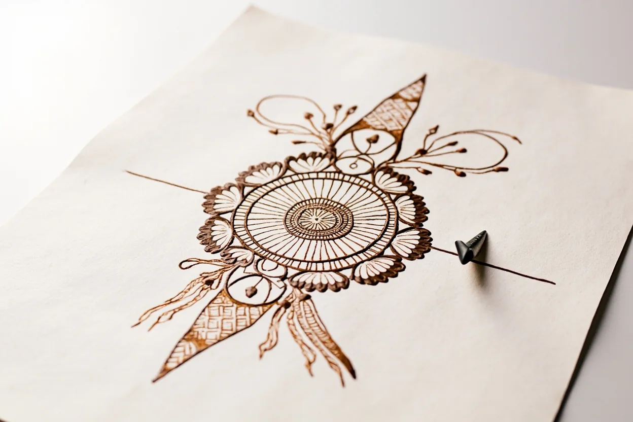Mandala mehndi symmetry sketch with henna cone