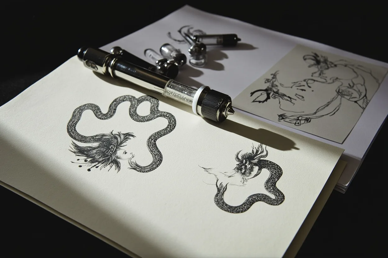Medusa tattoo concept sheet with snake crown