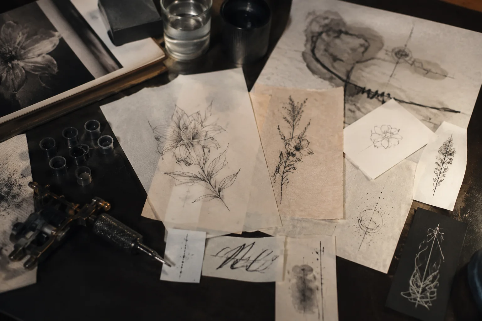 Memorial tattoo reference board with flowers and dates