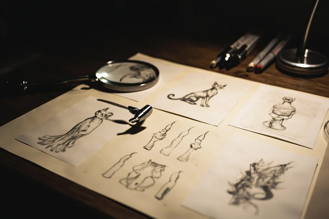 Micro realism tattoo reference setup with tiny sketches