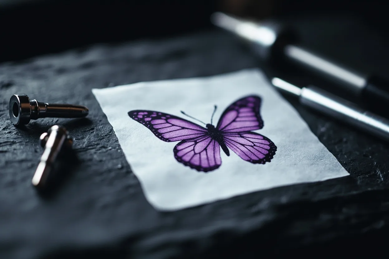 Minimalist fine line butterfly tattoo with clean single-line wings and clear symmetrical silhouette on light skin