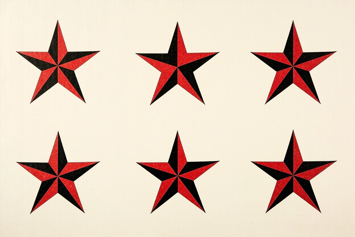 American traditional nautical star tattoo flash sheet showing six five-point stars with alternating red and black fill