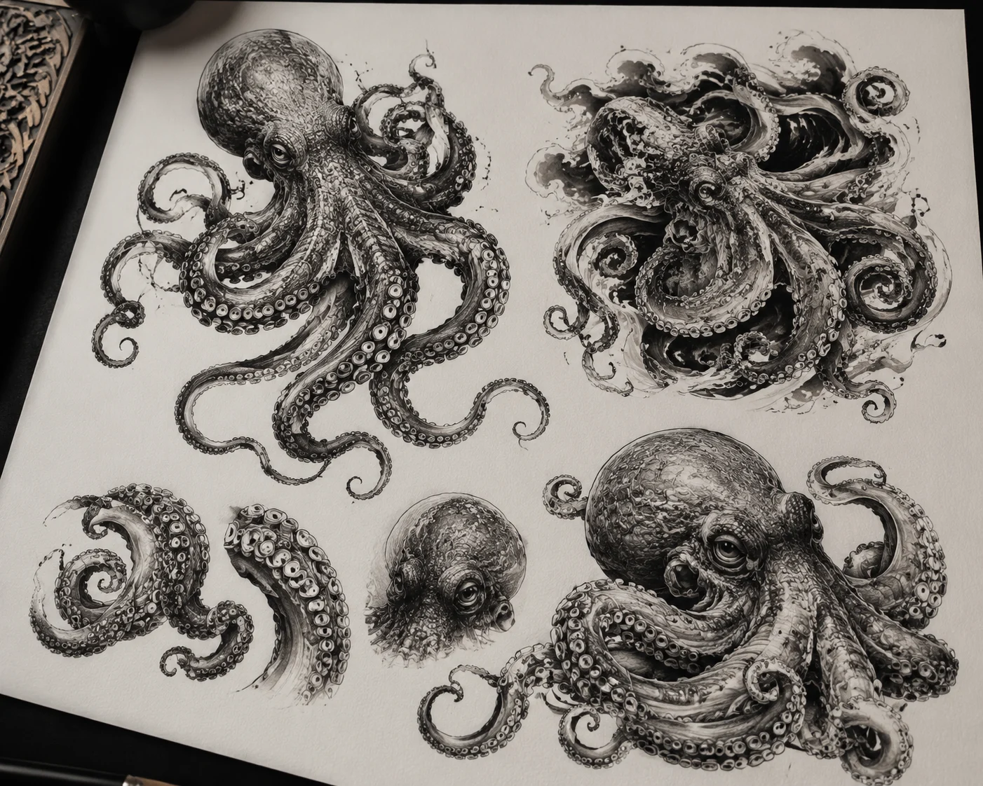 Octopus tattoo flash sheet with curling tentacles in Japanese tako and realistic black and grey studies