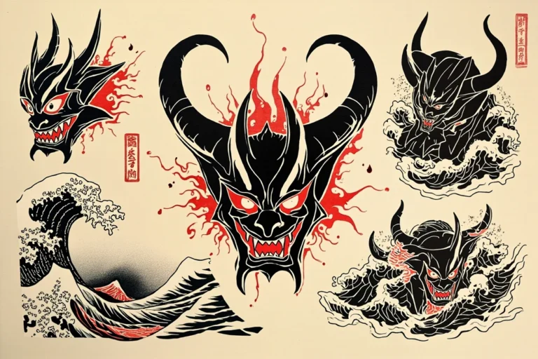 Irezumi flash sheet of oni mask tattoo designs, Japanese demon masks with horns and fangs in black and red ink with a great wave accent