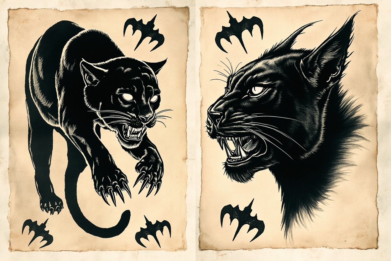 Black panther tattoo flash sheet showing a crawling old-school panther and a realistic snarling panther head on aged studio paper