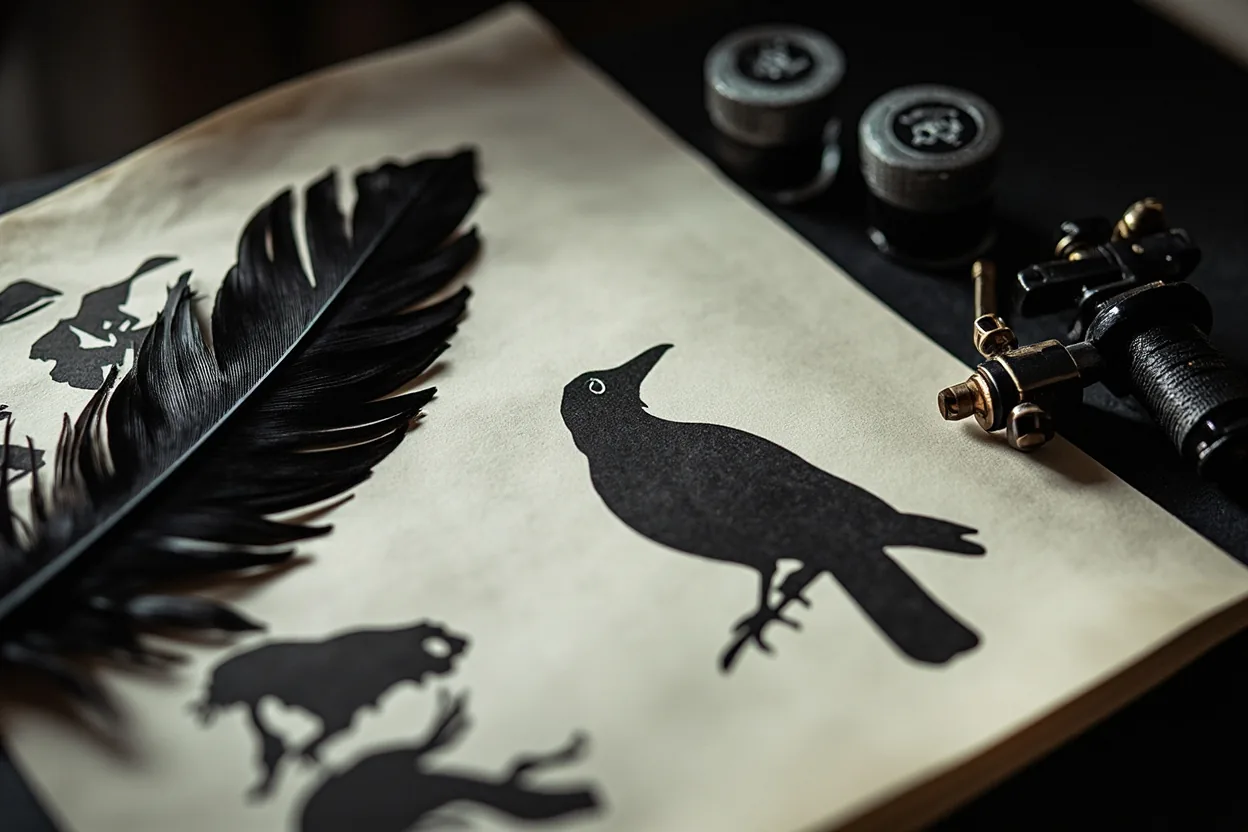 Raven tattoo blackwork sketches with feather