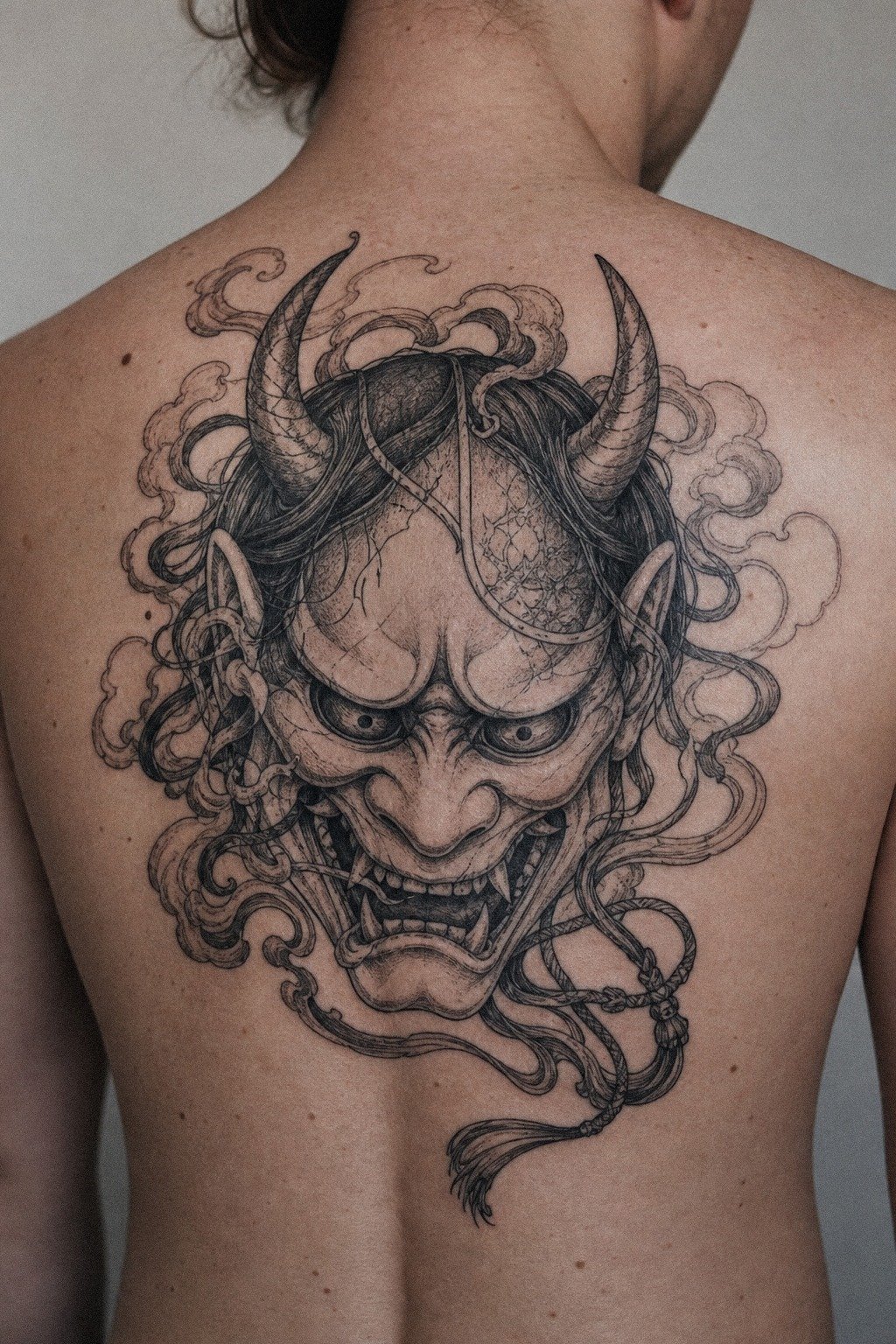 Black And Grey Oni Mask Tattoo Backpiece
