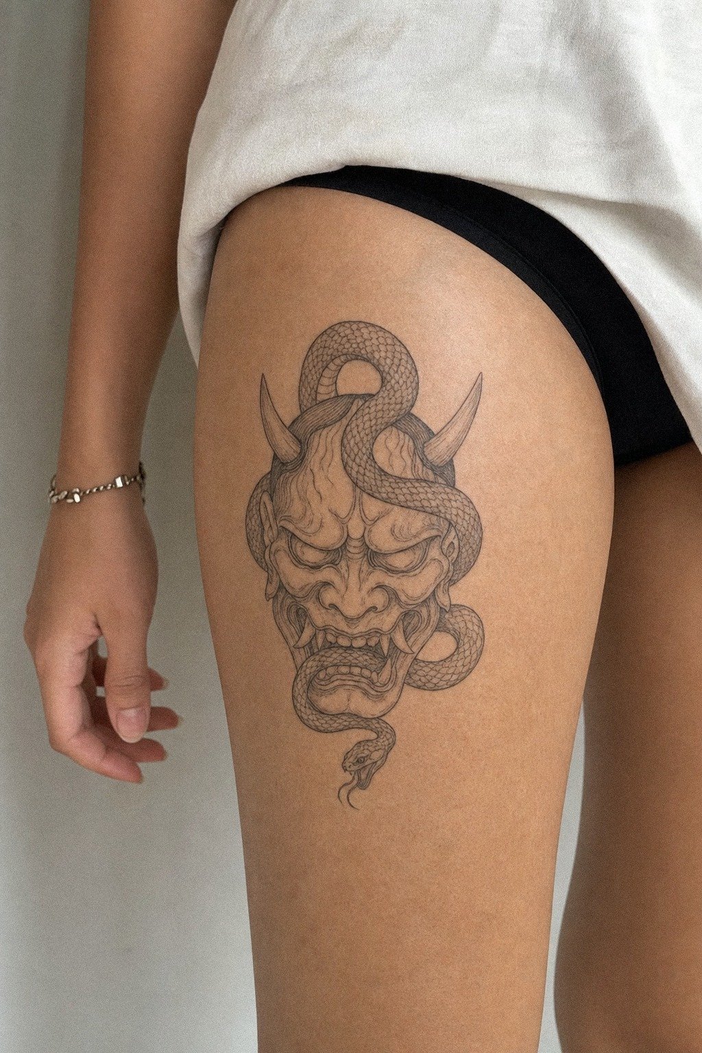 Oni Mask Tattoo With Snake Wrap