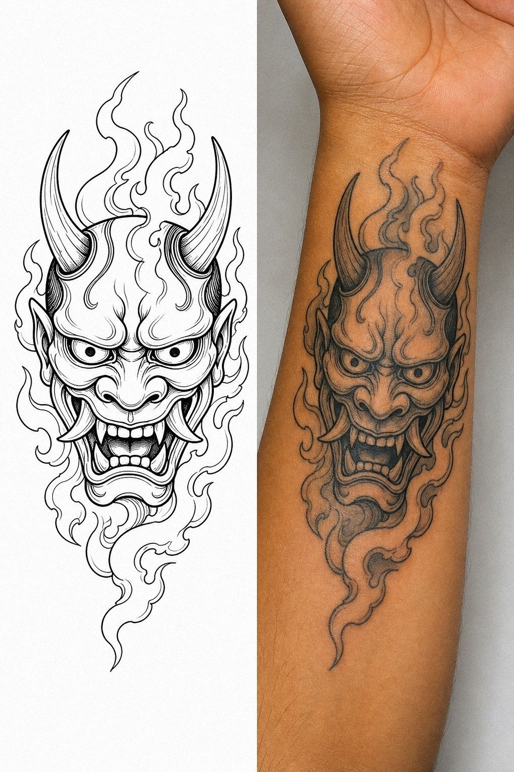 Neo Traditional Oni Mask Tattoo With Flames