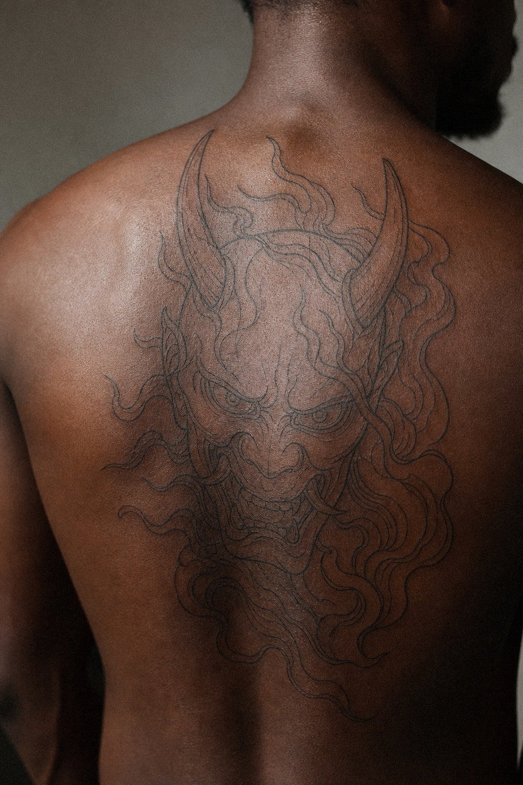 Fine Line Oni Mask Tattoo Outline