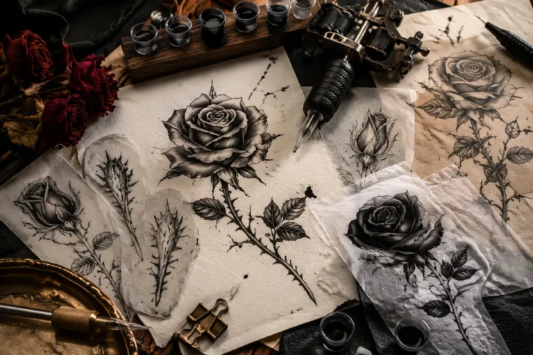 Rose tattoo flash with thorn and bud variations
