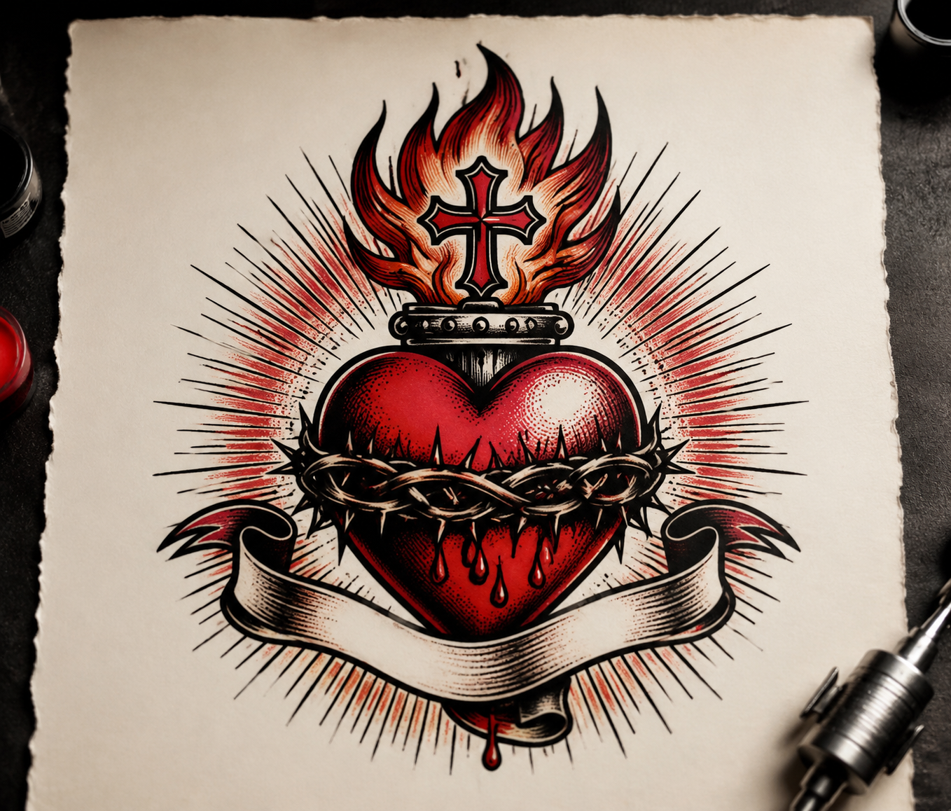 American traditional sacred heart tattoo flash: flaming heart with crown of thorns, cross and radiating light